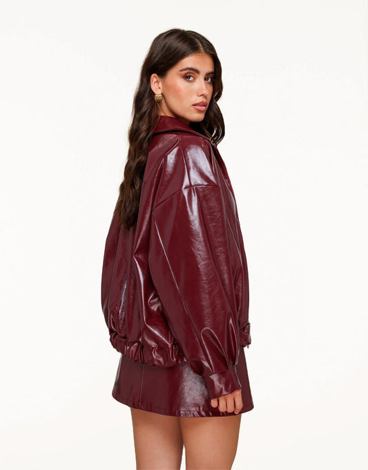Burgundy Glanzende PU Leren Bomber - Jas - Olivia & Kate