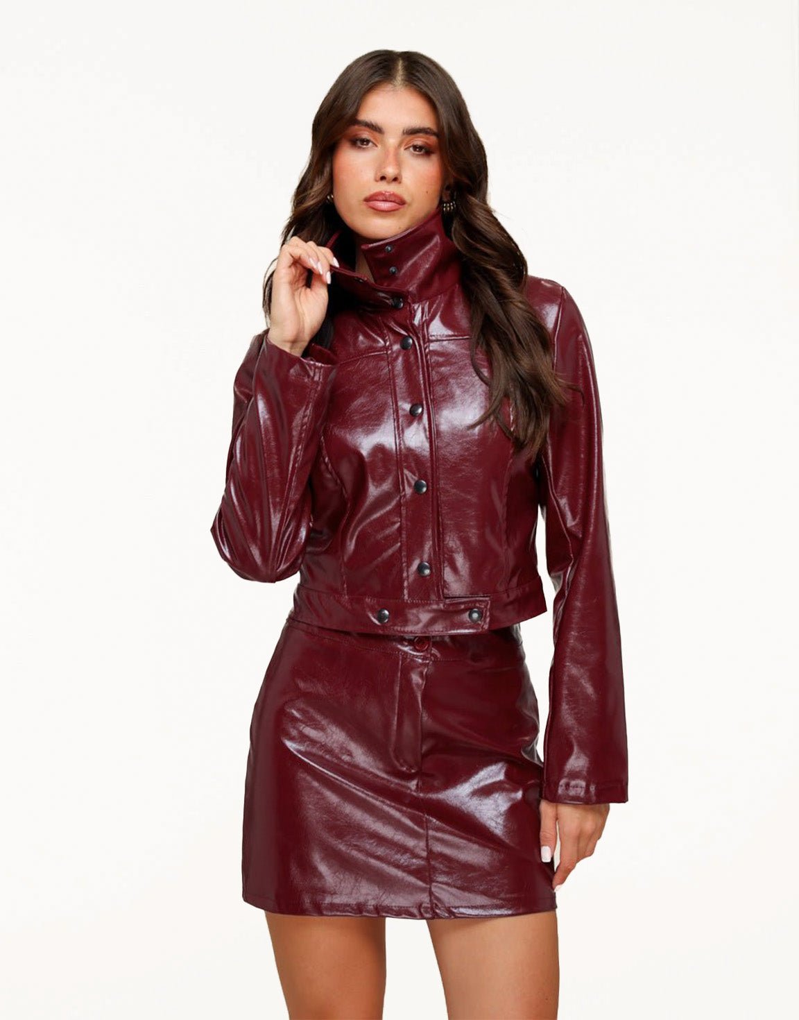 Burgundy Glanzende PU Leren - Rok - Olivia & Kate