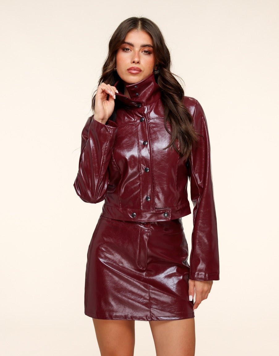 Burgundy Glanzende PU Leren - Rok - Olivia & Kate