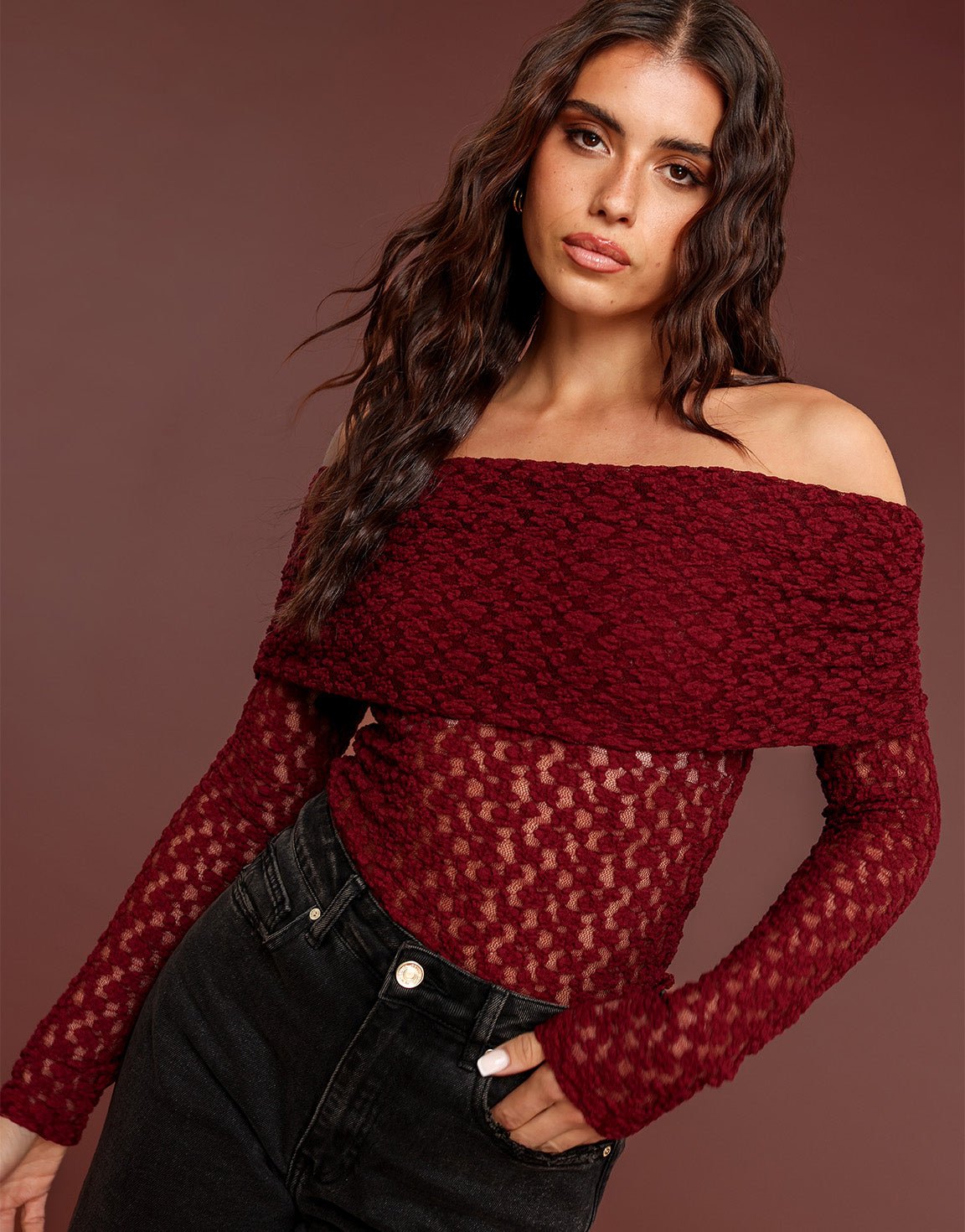 Burgundy Omgeslagen Off Shoulder - Top - Olivia & Kate