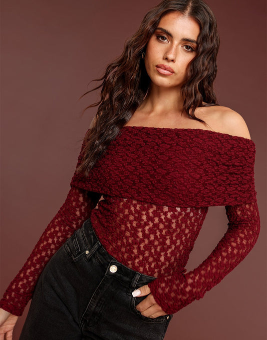 Burgundy Omgeslagen Off Shoulder - Top - Olivia & Kate