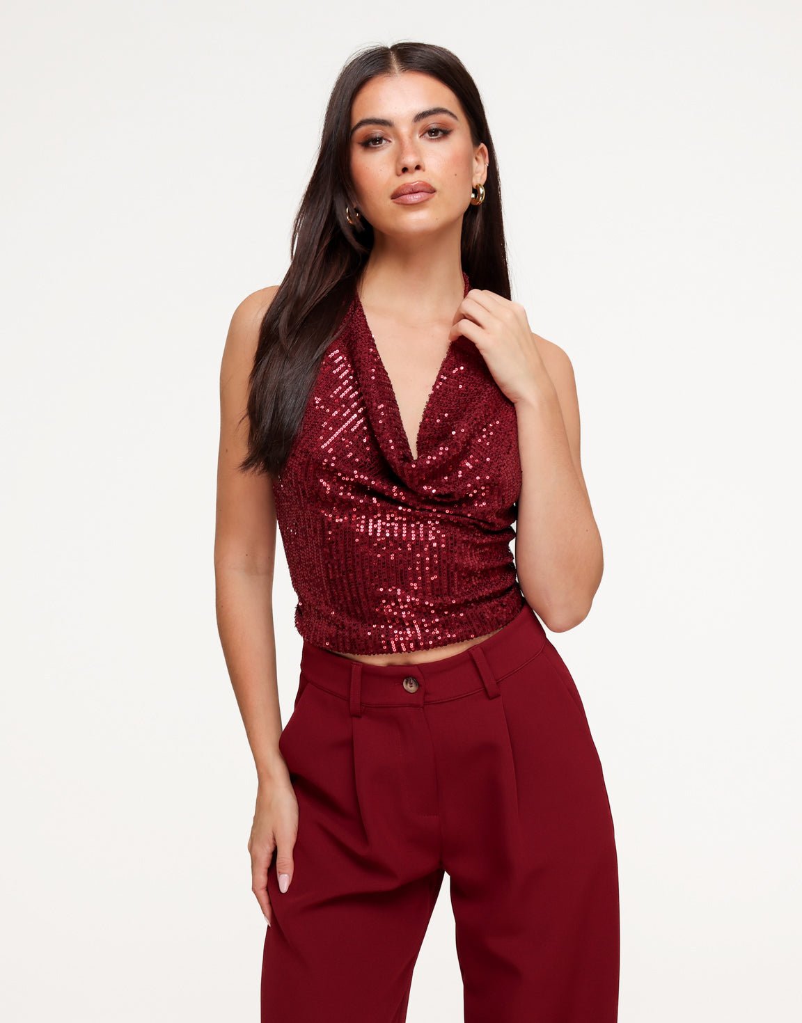 Burgundy Pailletten Halter Hals - Top - Olivia & Kate