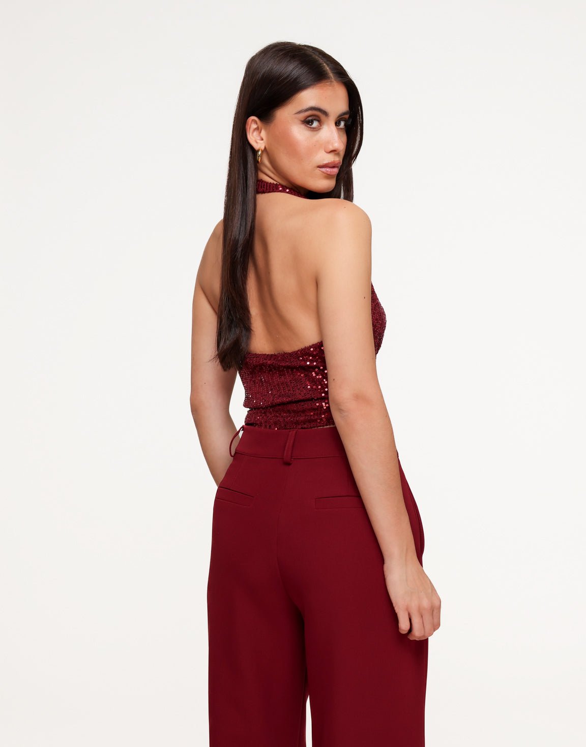 Burgundy Pailletten Halter Hals - Top - Olivia & Kate