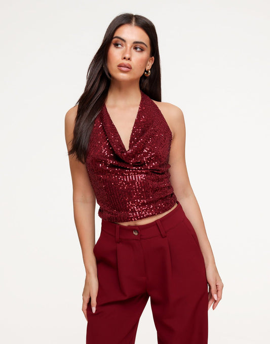 Burgundy Pailletten Halter Hals - Top - Olivia & Kate