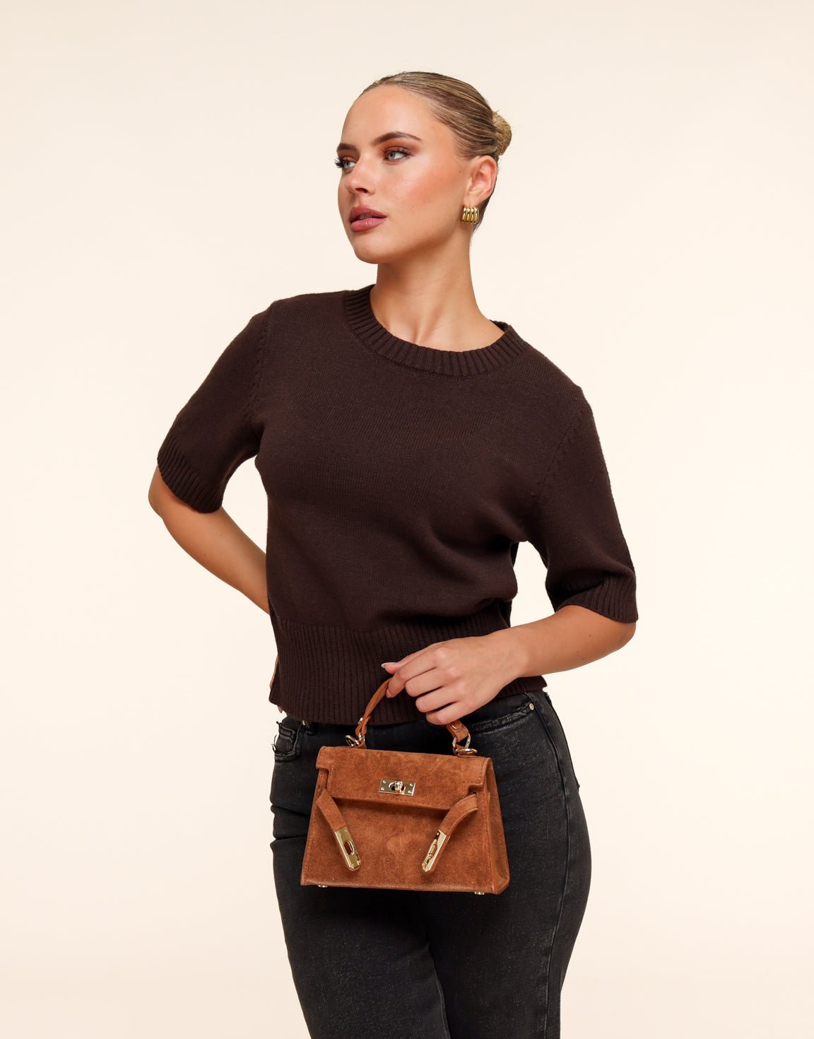 Cognac Suede Gouden Detail - Tas - Olivia & Kate
