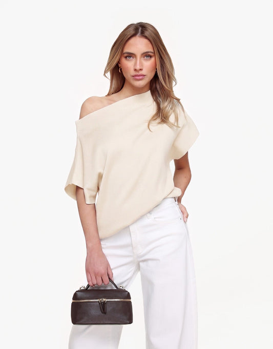 Creme Gebreide One Shoulder - Top - Olivia & Kate