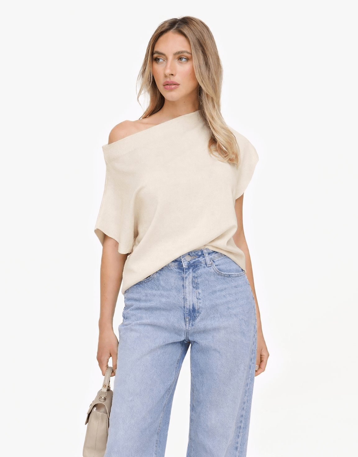 Creme Gebreide One Shoulder - Top - Olivia & Kate