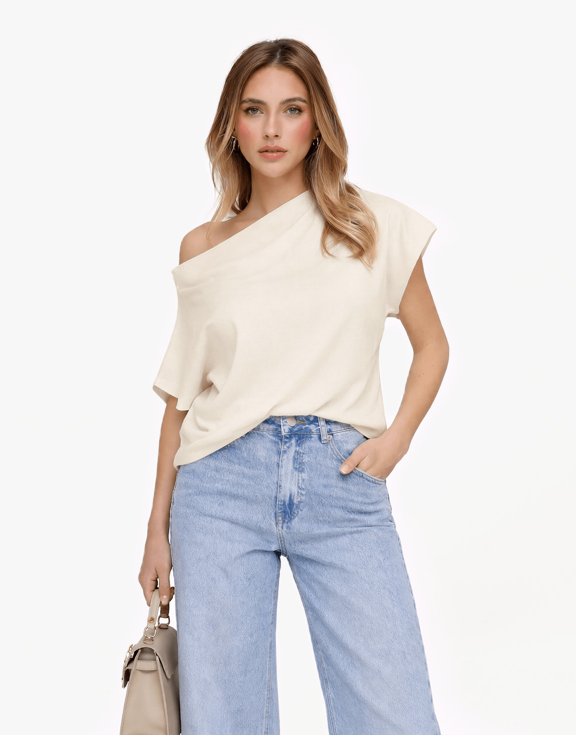 Creme Gebreide One Shoulder - Top - Olivia & Kate
