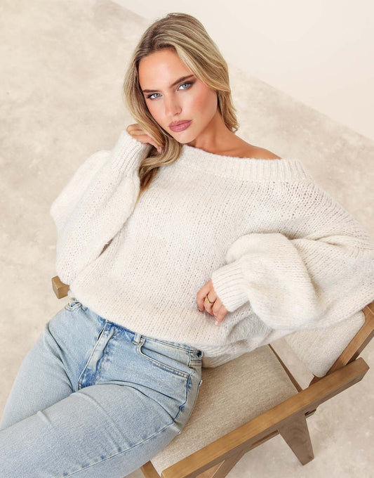 Creme Gebreide Wollen Off Shoulder - Trui - Olivia & Kate