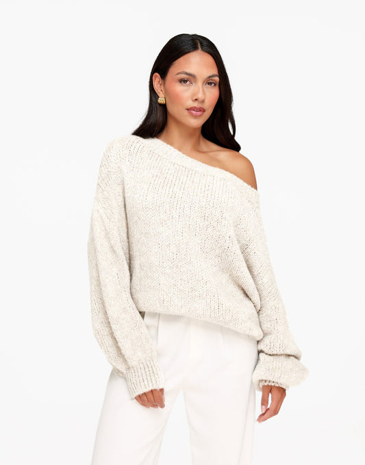 Creme Gebreide Wollen Off Shoulder - Trui - Olivia & Kate