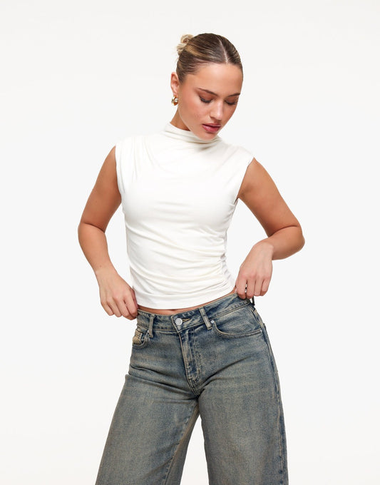 Creme Geplooide Col SS - Top - Olivia & Kate