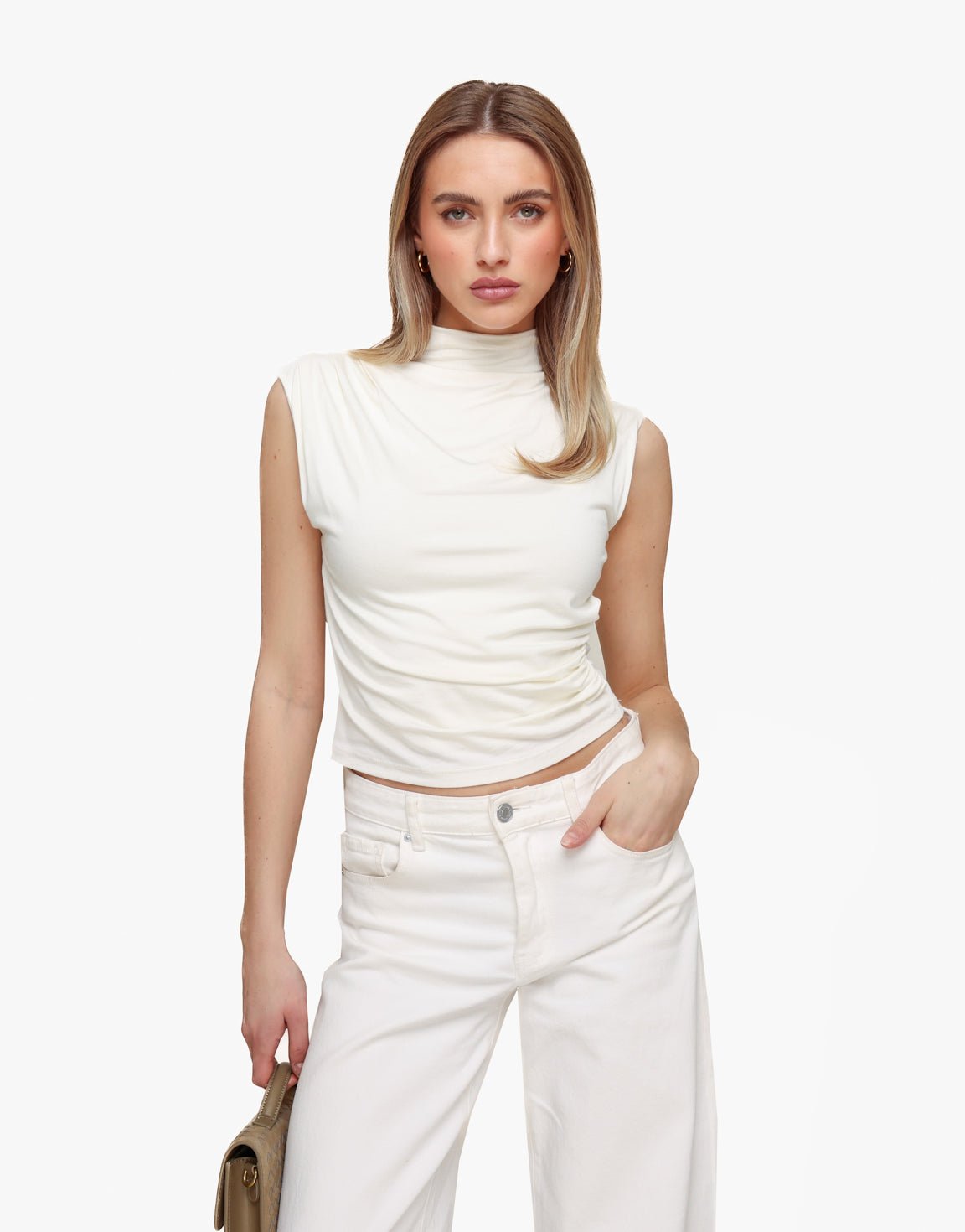Creme Geplooide Col SS - Top - Olivia & Kate