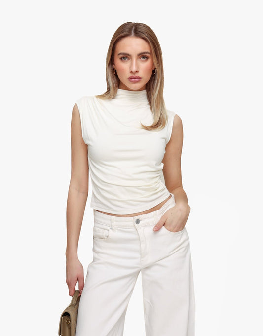 Creme Geplooide Col SS - Top - Olivia & Kate