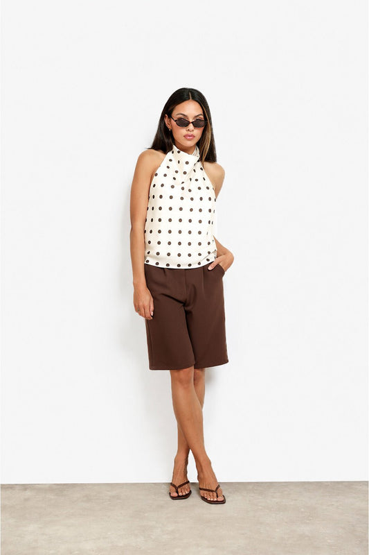 Creme Satijnen Polkadot Hoge Hals - Top - Olivia & Kate
