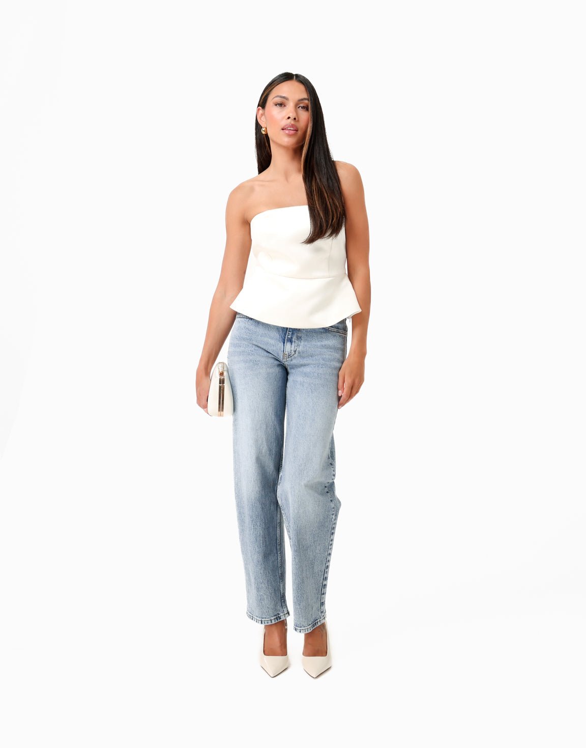 Creme Satijnen Strapless Peplum - Top - Olivia & Kate