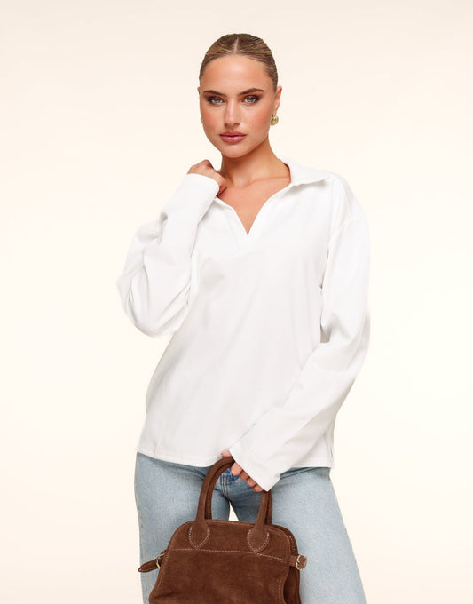 Creme V - Hals Losse LS - T-shirt - Olivia & Kate