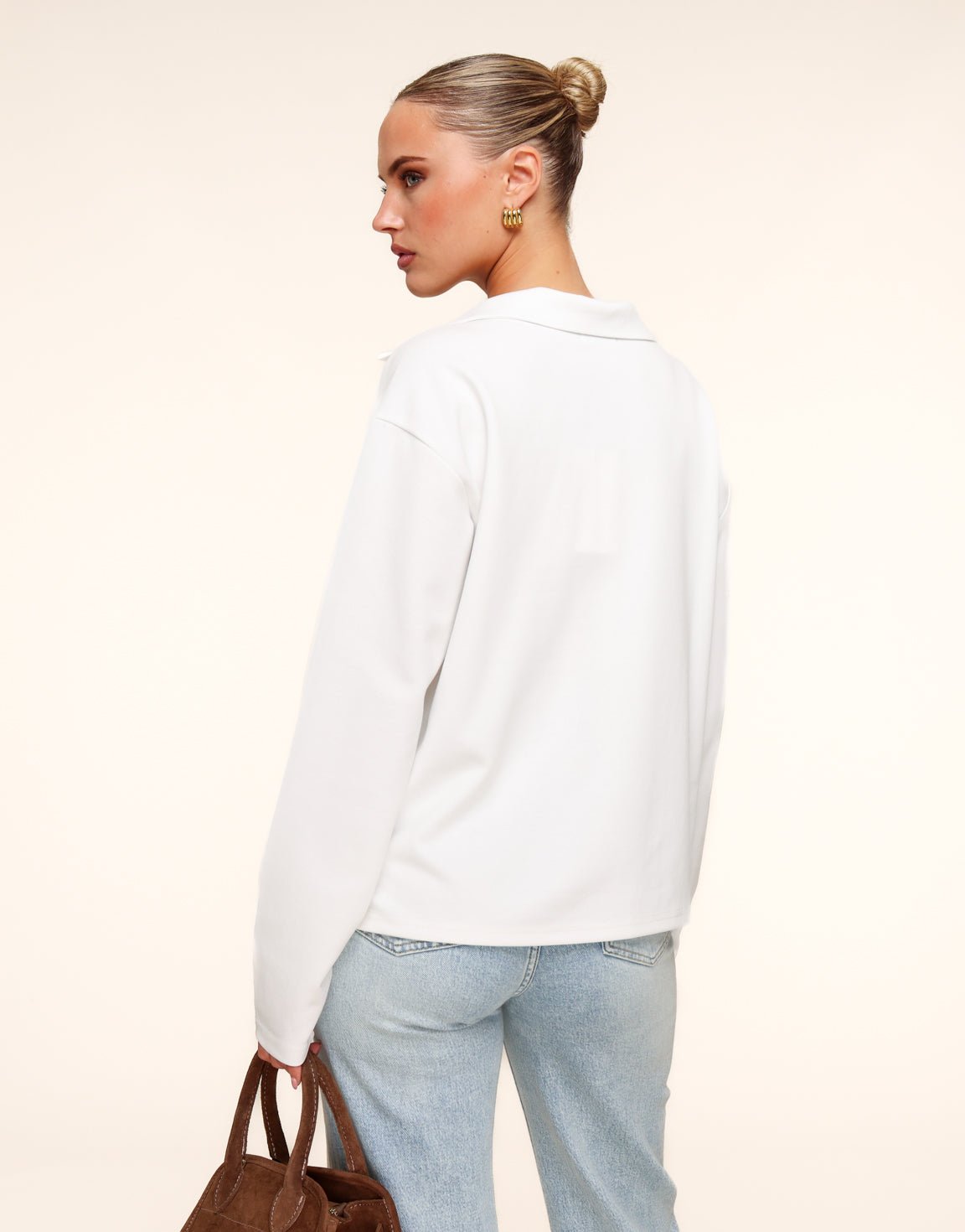 Creme V - Hals Losse LS - T-shirt - Olivia & Kate