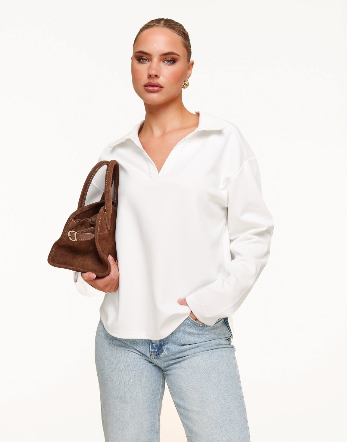Creme V - Hals Losse LS - T-shirt - Olivia & Kate