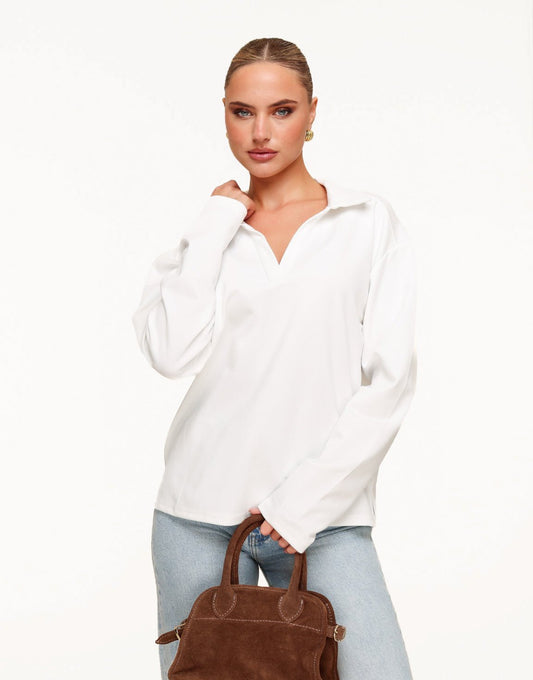 Creme V - Hals Losse LS - T-shirt - Olivia & Kate