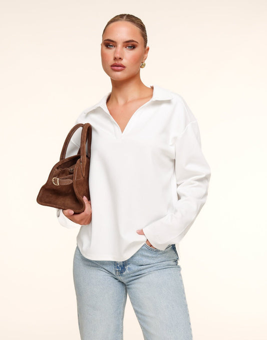 Creme V - Hals Losse LS - T-shirt - Olivia & Kate