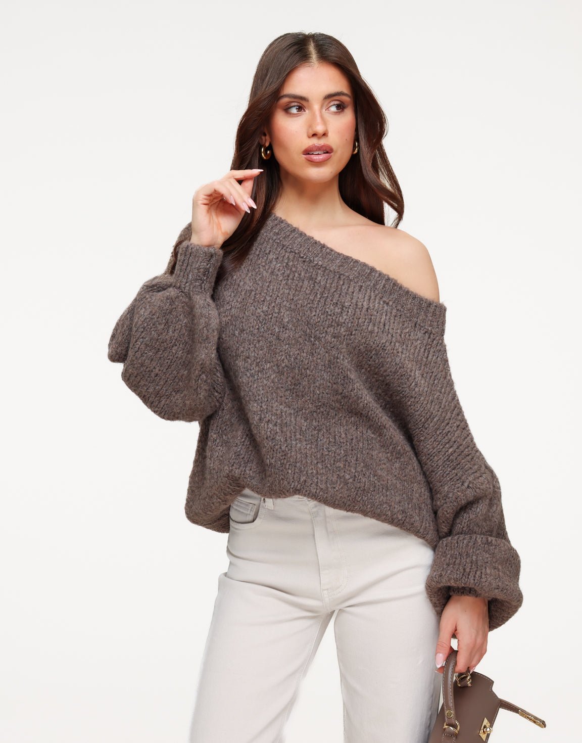 Donker Taupe Gebreide Off Shoulder - Trui - Olivia & Kate