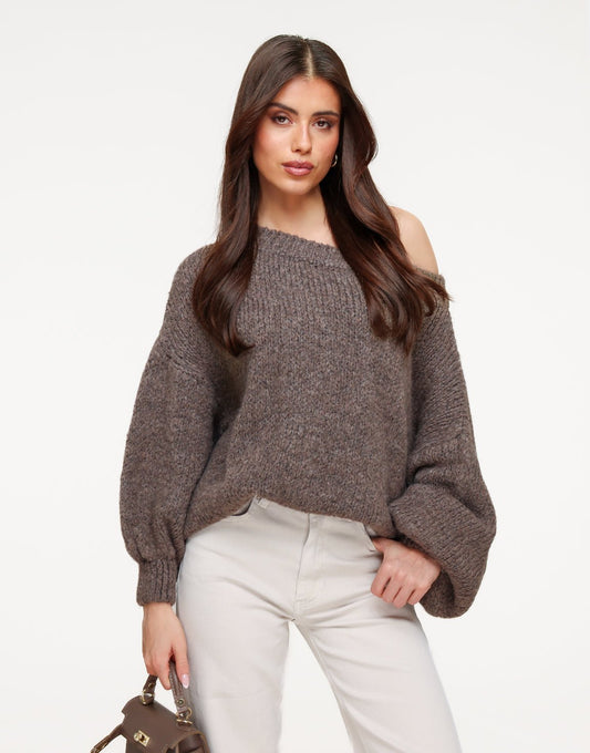 Donker Taupe Gebreide Off Shoulder - Trui - Olivia & Kate