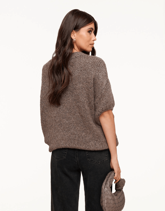 Donker Taupe Wollen Gebreide 3/4 Mouwen - Trui - Olivia & Kate