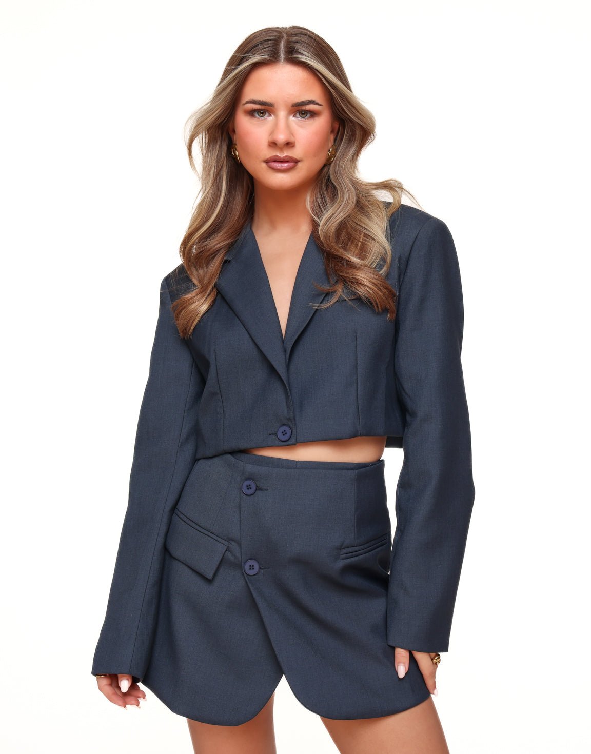 Donkerblauwe Cropped Schuine Knopen - Set - Olivia & Kate