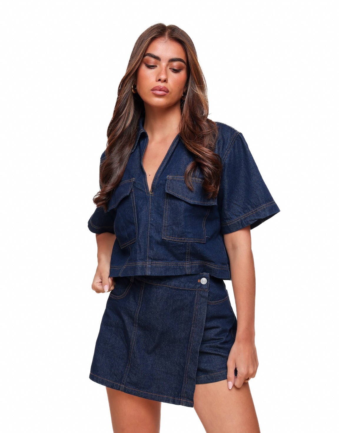 Donkerblauwe Denim Overslag - Skort - Olivia & Kate