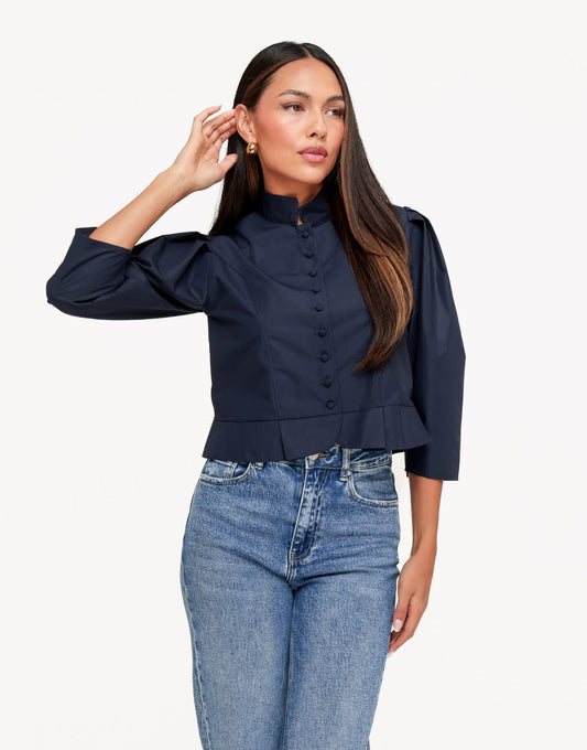 Donkerblauwe Pofmouwen Knoopjes LS - Blouse - Olivia & Kate