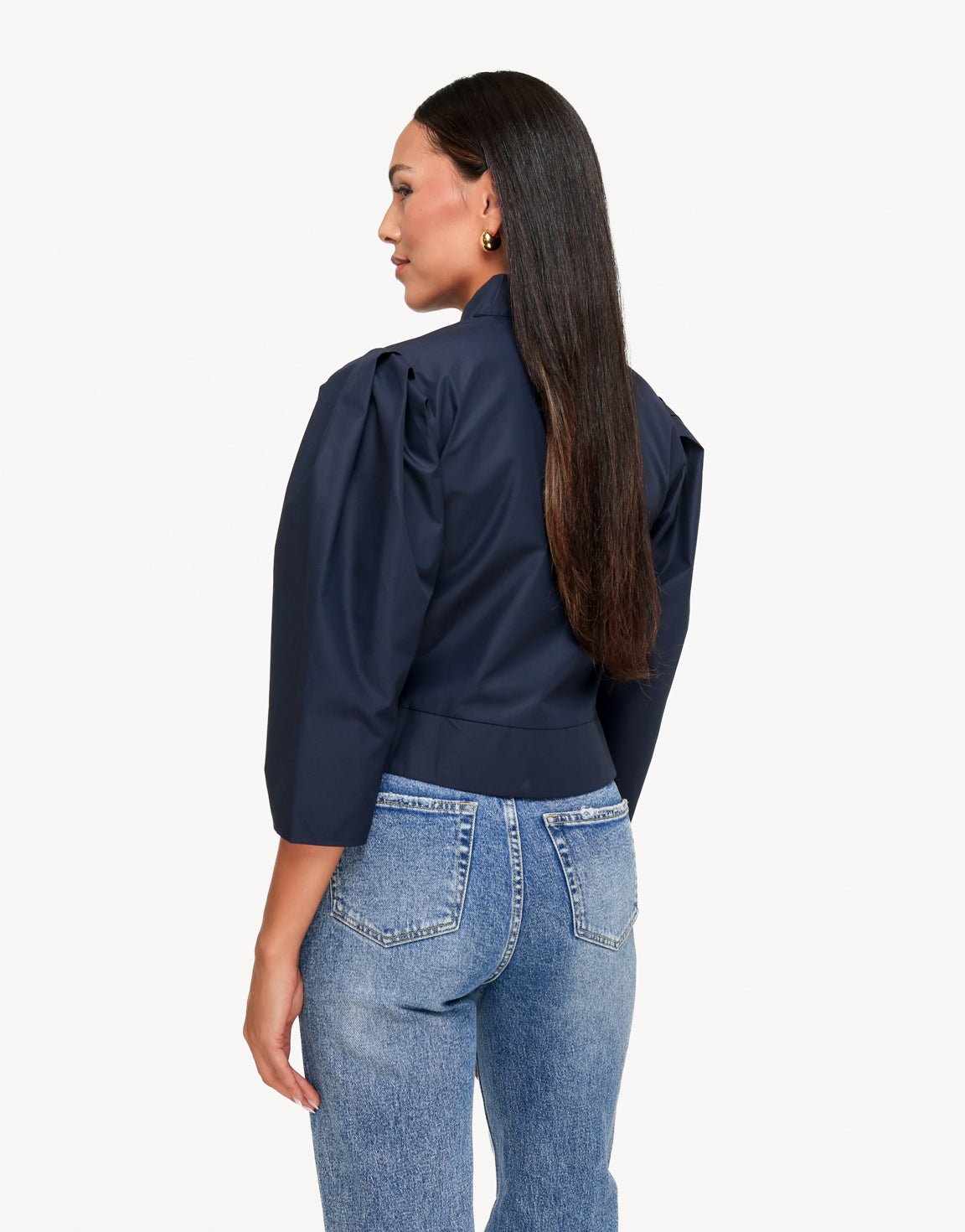 Donkerblauwe Pofmouwen Knoopjes LS - Blouse - Olivia & Kate
