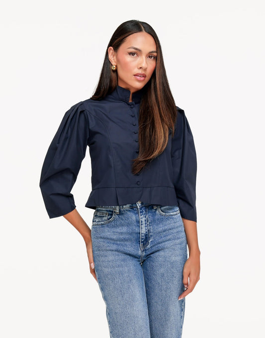 Donkerblauwe Pofmouwen Knoopjes LS - Blouse - Olivia & Kate
