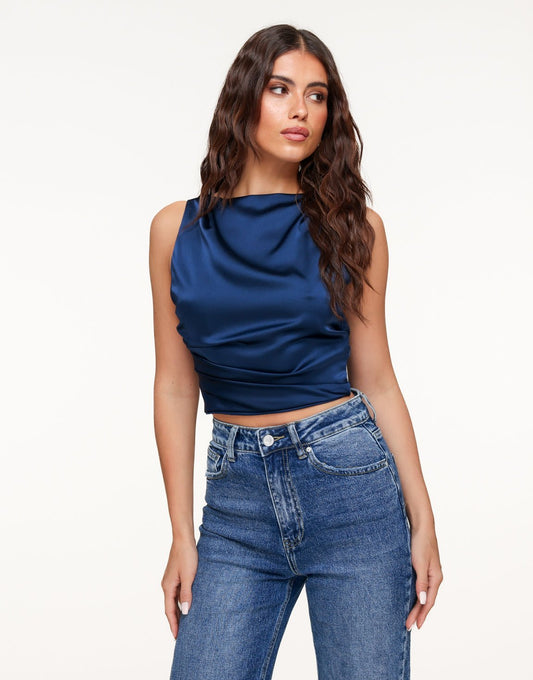 Donkerblauwe Satijnen Open Rug - Top - Olivia & Kate