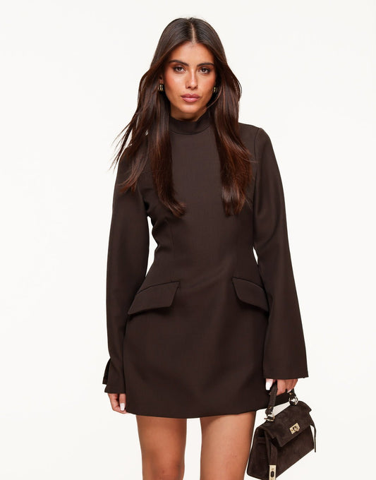 Donkerbruine Aangesloten LS - Jurk - Olivia & Kate