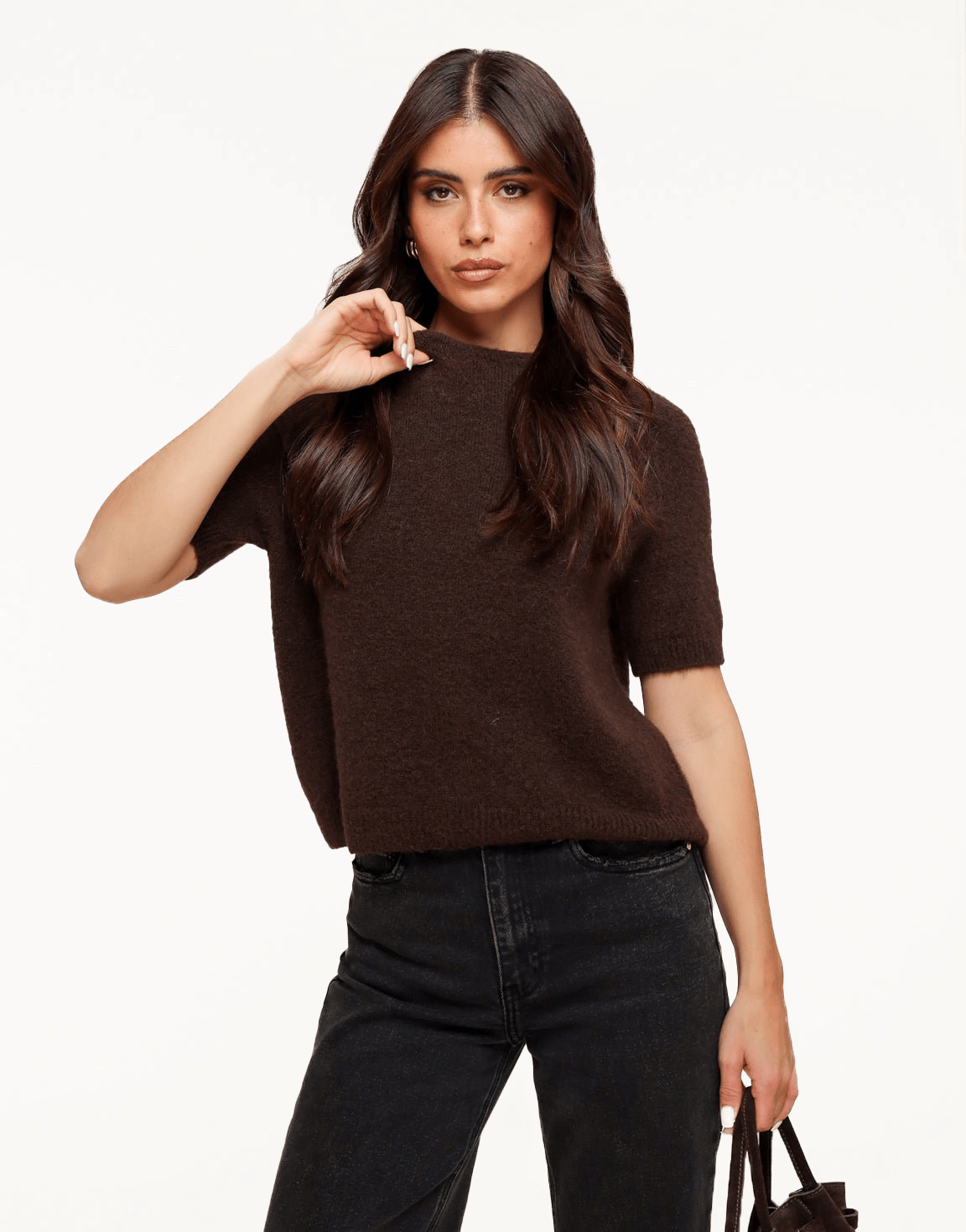 Donkerbruine Basic Fluffy SS - Top - Olivia & Kate