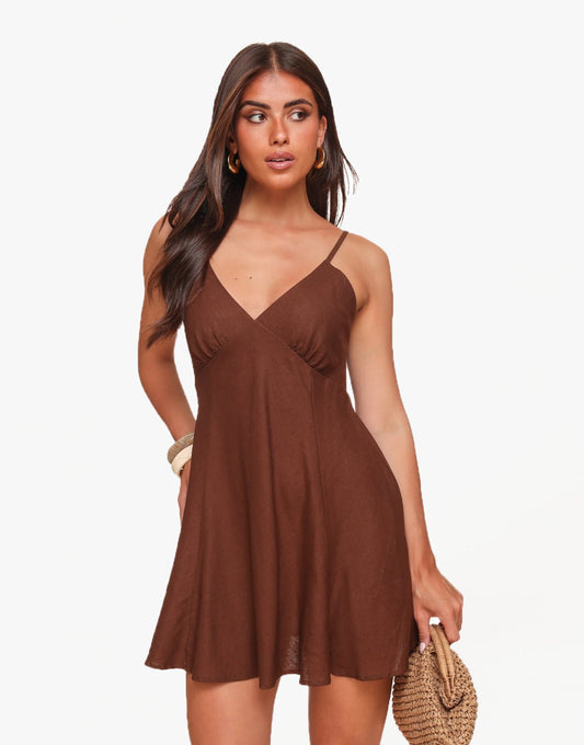 Donkerbruine Basic Linnen - Jurk - Olivia & Kate