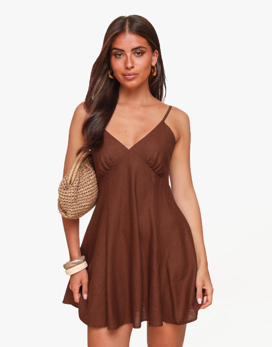 Donkerbruine Basic Linnen - Jurk - Olivia & Kate