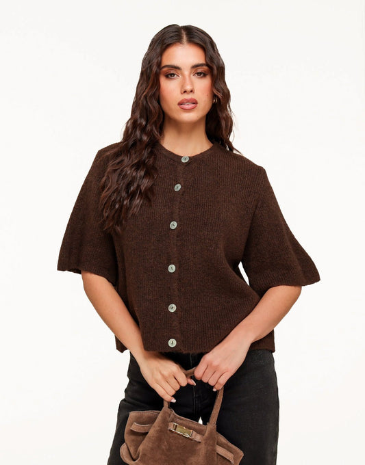 Dark Brown Knitted 3/4 Sleeves - Cardigan - Olivia & Kate