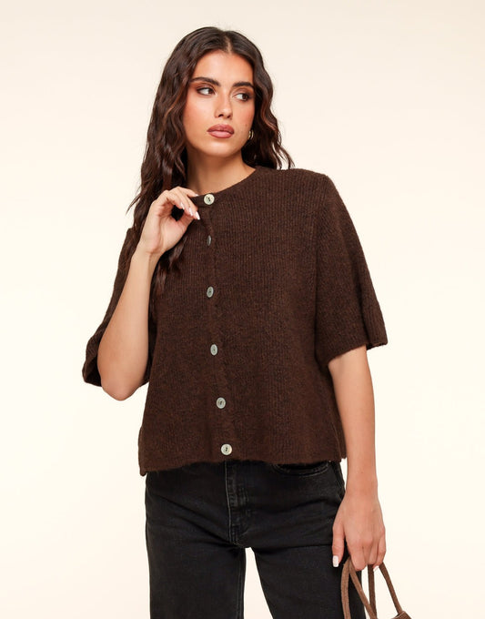 Donkerbruine Gebreide 3/4 Mouwen - Vest - Olivia & Kate