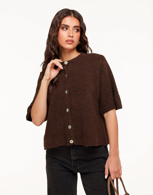 Dark Brown Knitted 3/4 Sleeves - Cardigan - Olivia & Kate