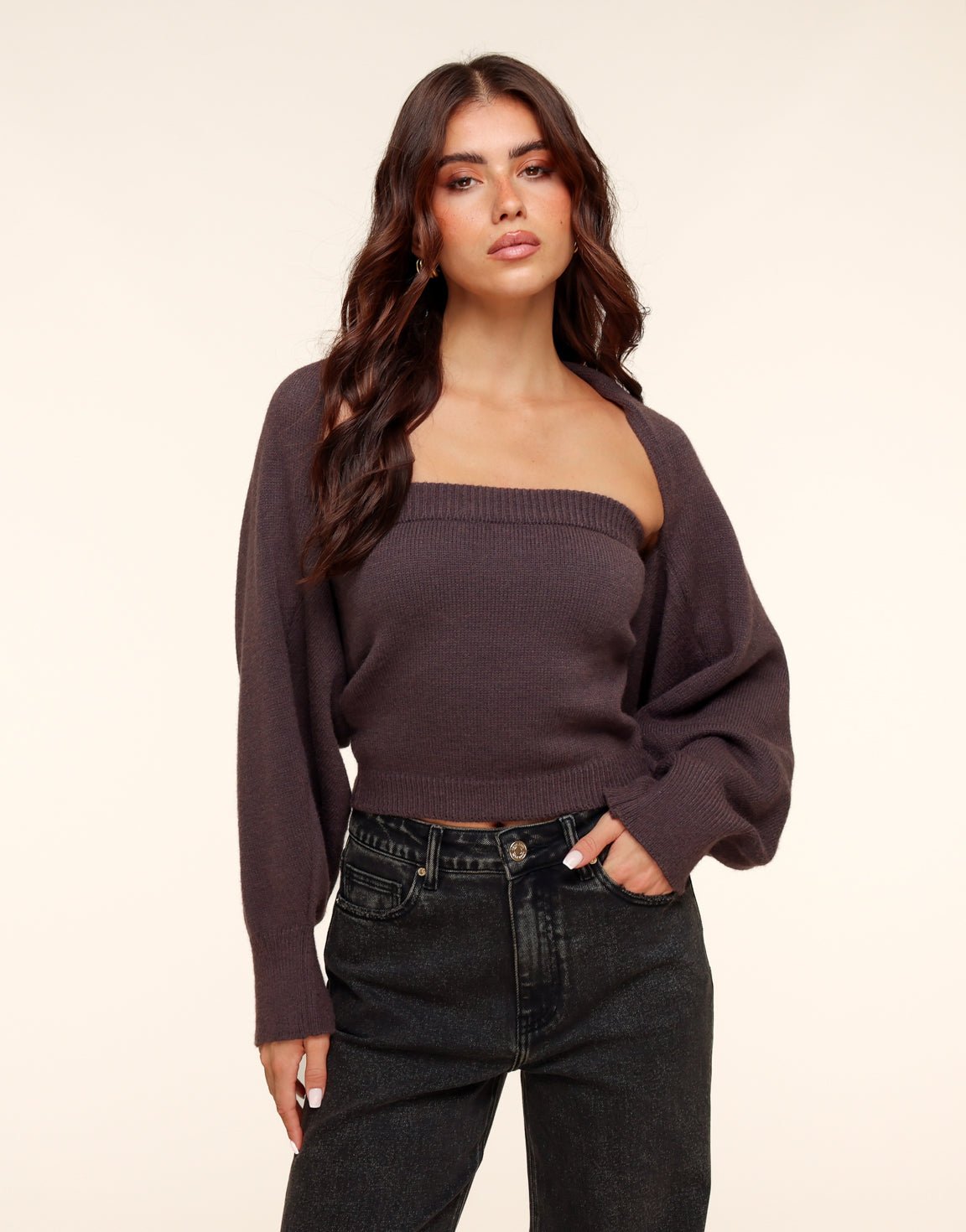 Donkerbruine Gebreide Cropped - Vest - Olivia & Kate