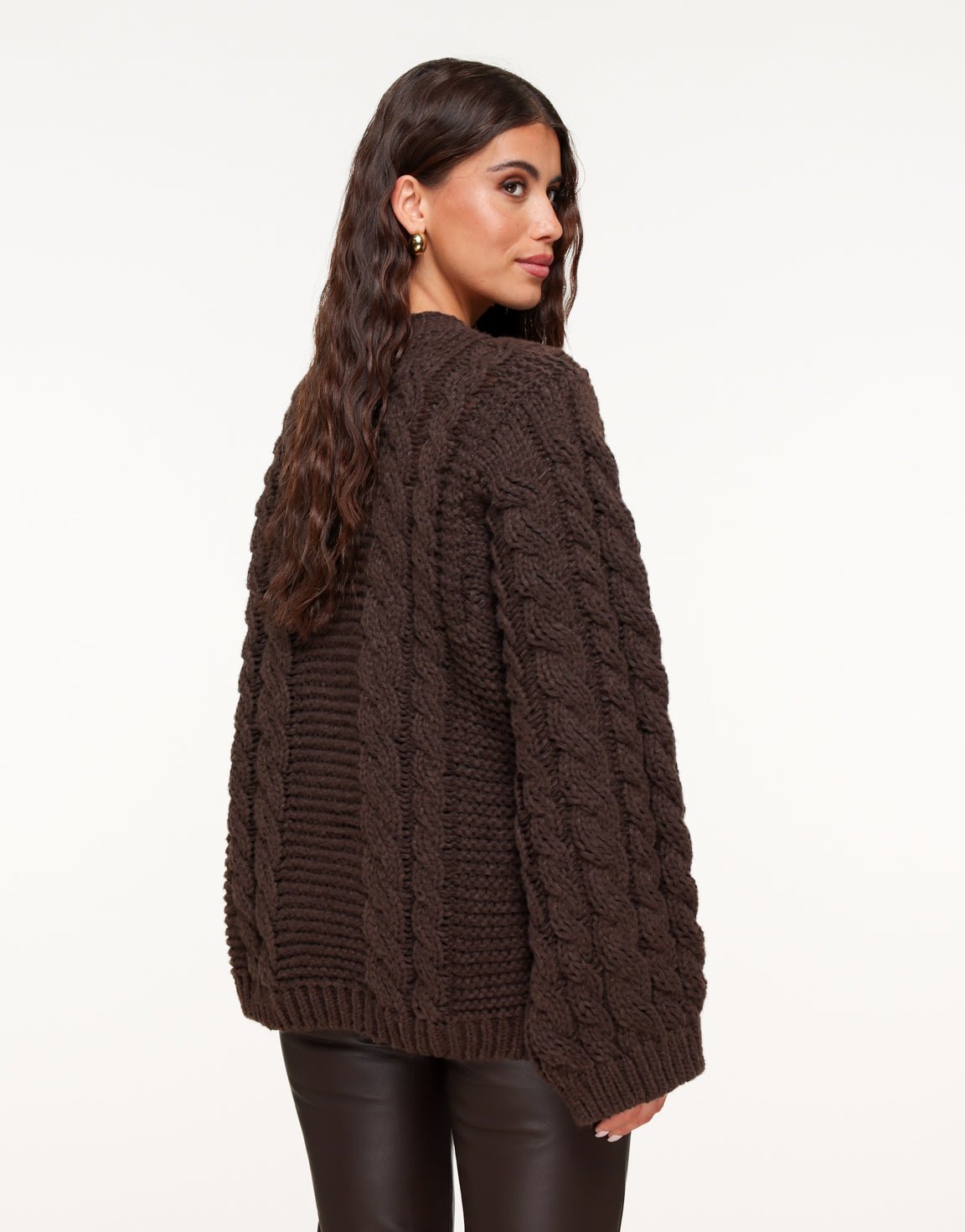 Donkerbruine Gebreide Kabel Patroon - Trui - Olivia & Kate
