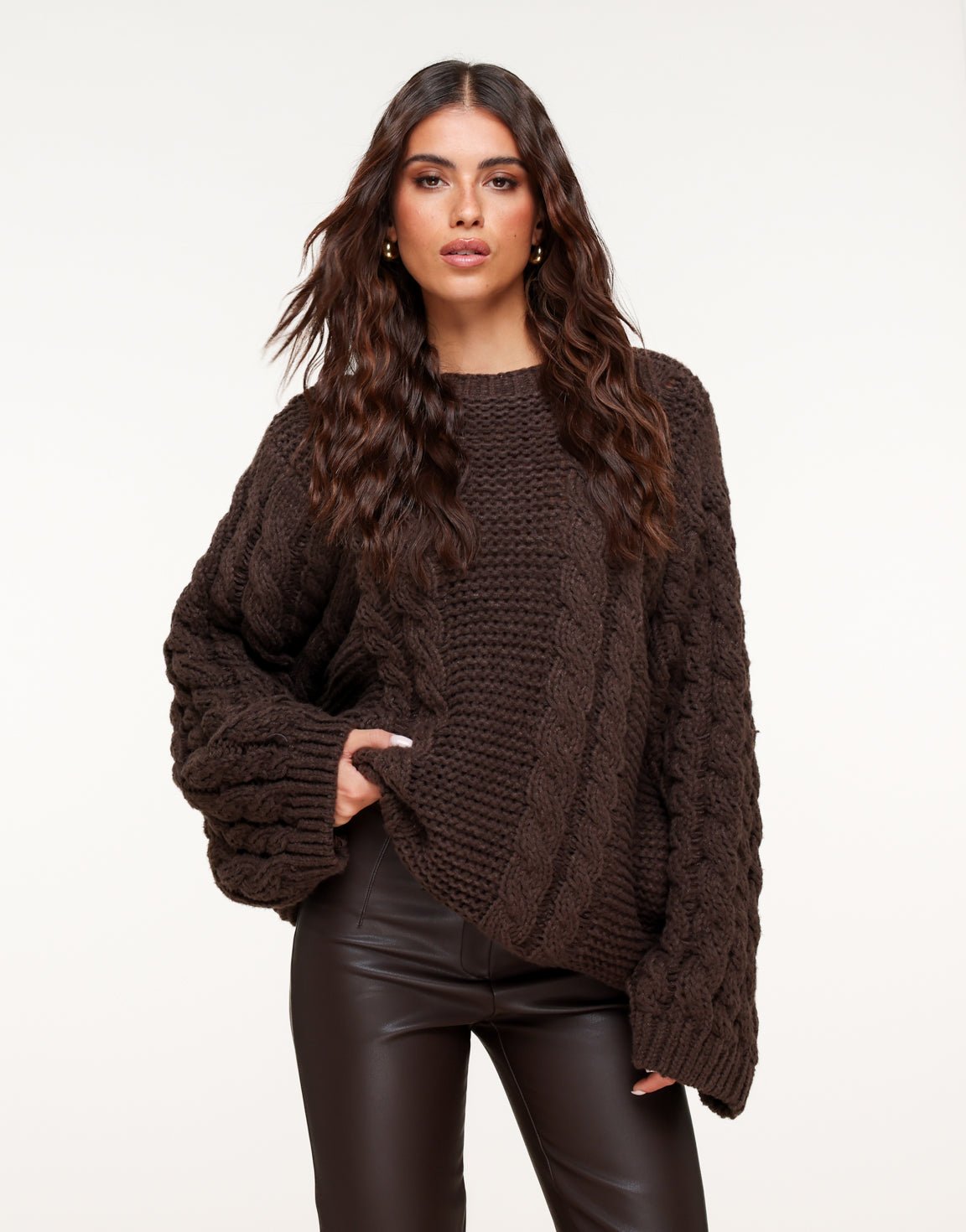 Donkerbruine Gebreide Kabel Patroon - Trui - Olivia & Kate