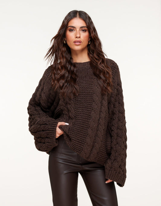 Donkerbruine Gebreide Kabel Patroon - Trui - Olivia & Kate
