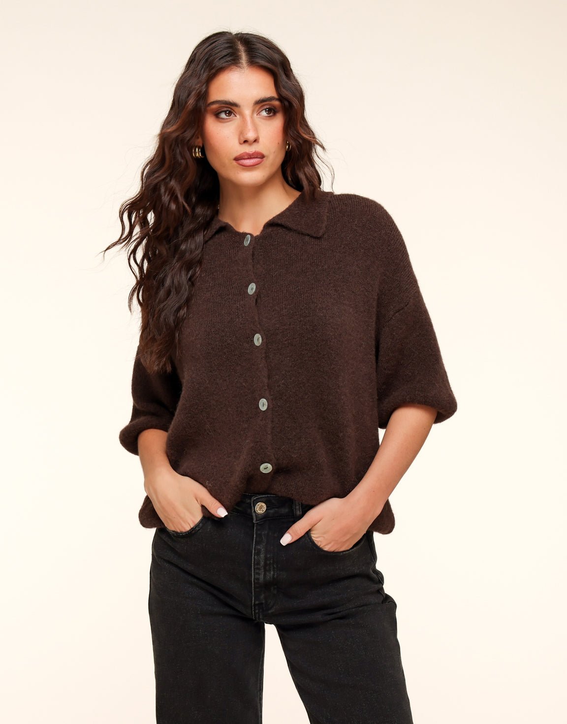 Donkerbruine Gebreide Knopen Kraag - Top - Olivia & Kate