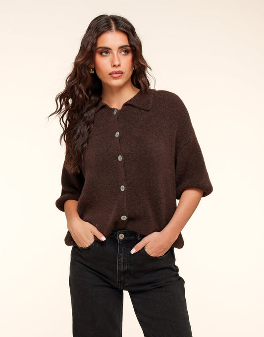 Donkerbruine Gebreide Knopen Kraag - Top - Olivia & Kate