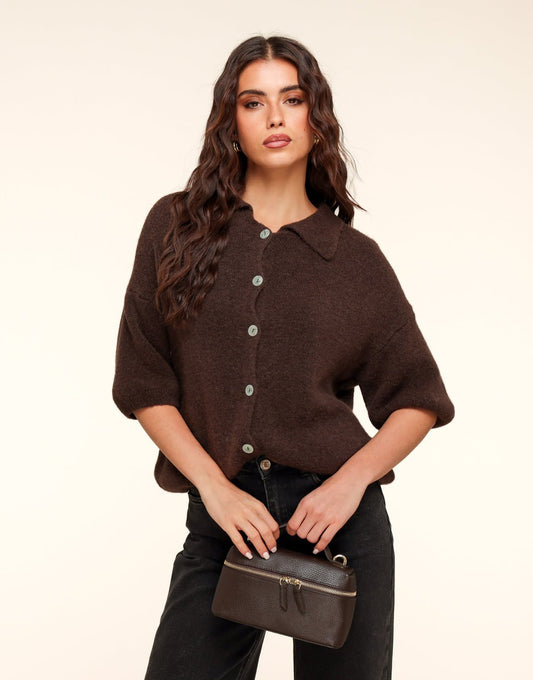 Donkerbruine Gebreide Knopen Kraag - Top - Olivia & Kate