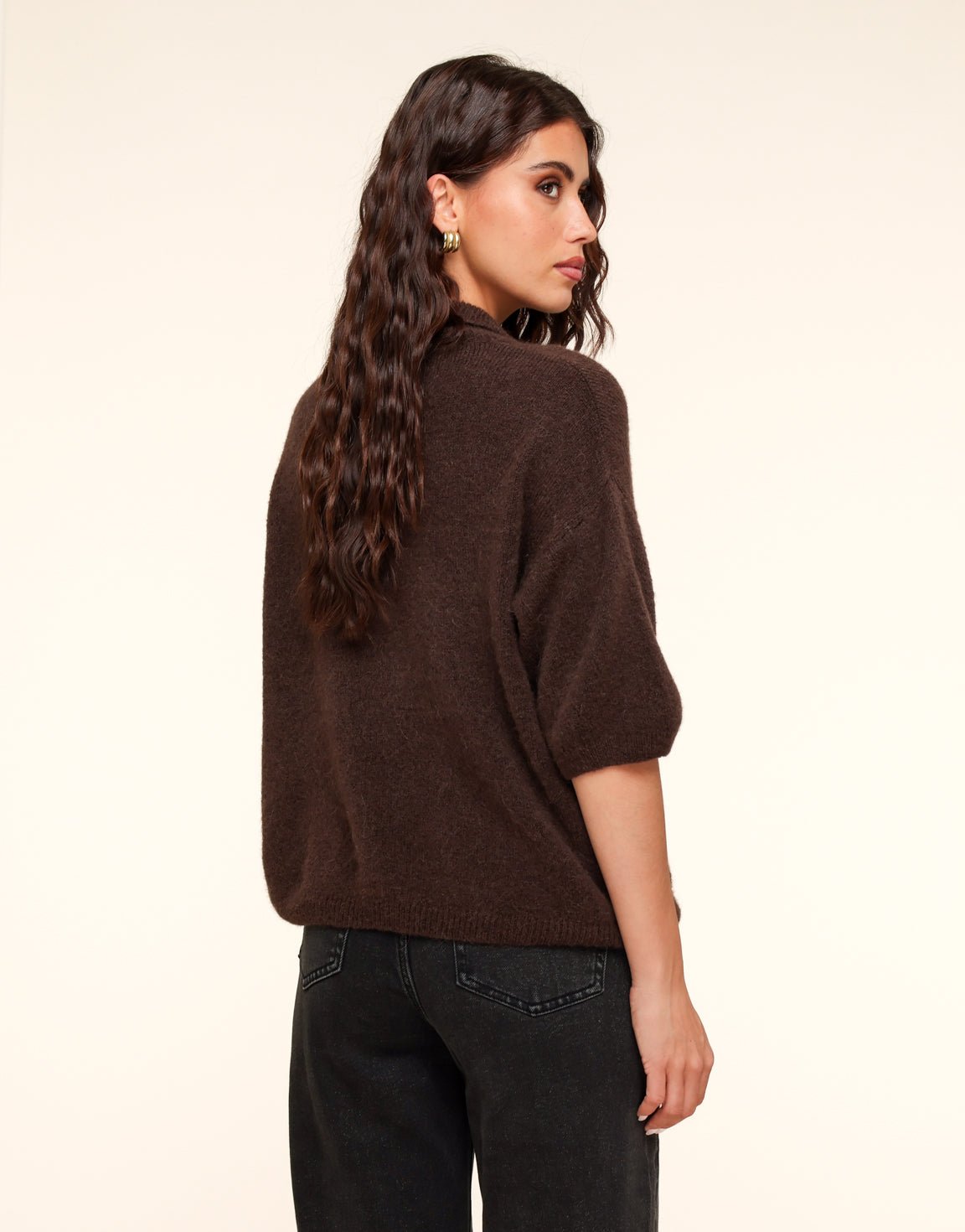 Donkerbruine Gebreide Knopen Kraag - Top - Olivia & Kate