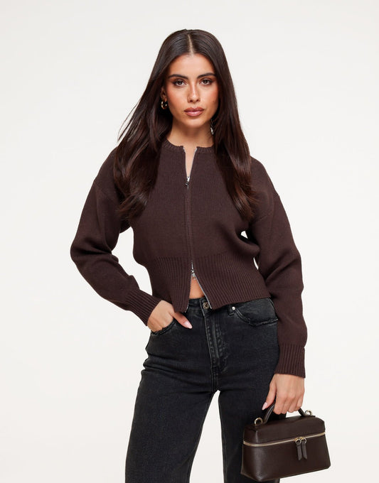 Donkerbruine Gebreide Rits - Vest - Olivia & Kate