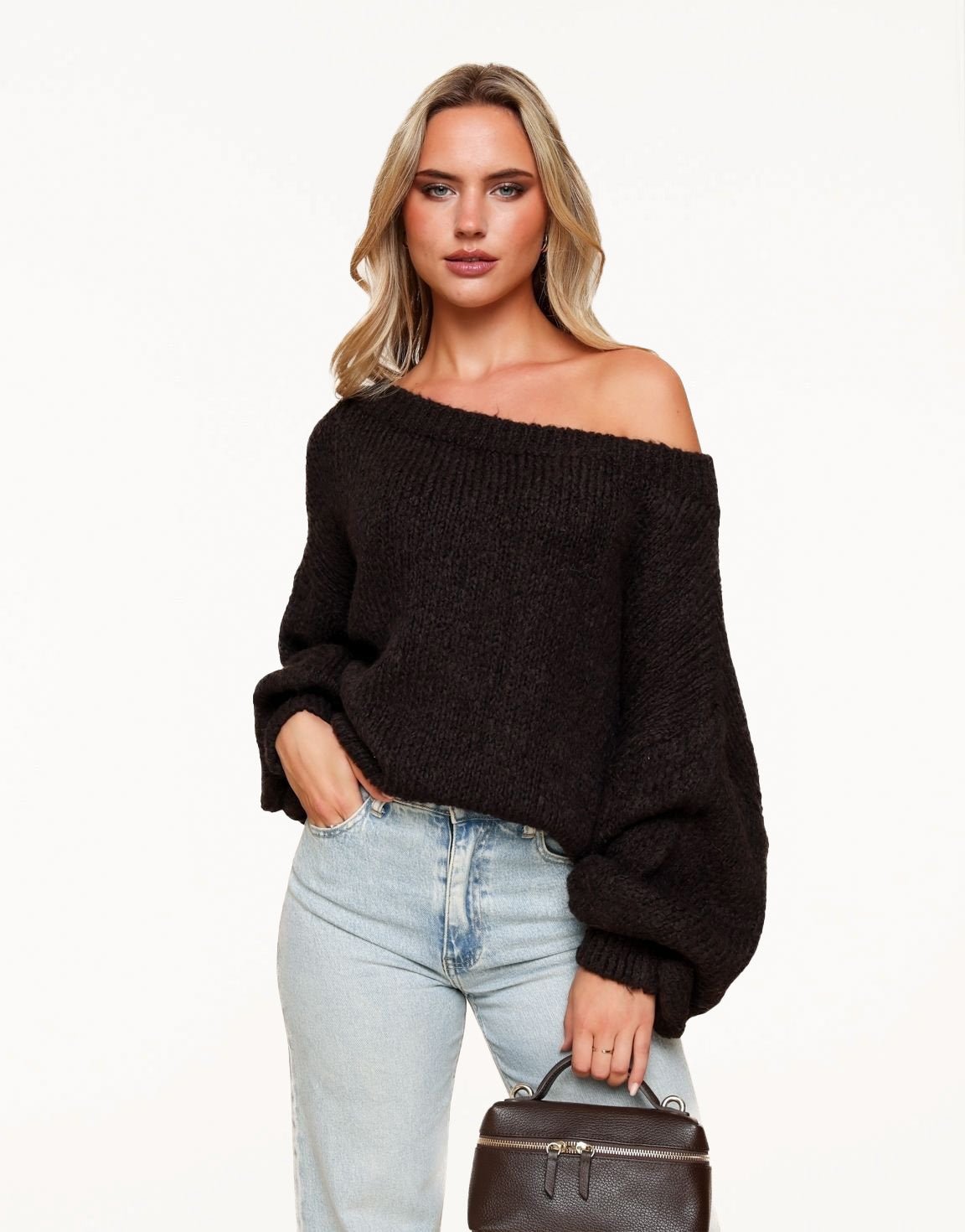 Dark Brown Knitted Wool Off Shoulder - Sweater | Olivia & Kate